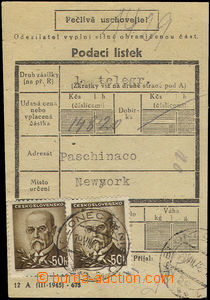 34372 - 1946 podací lístek od telegramu do New Yorku na částku 1