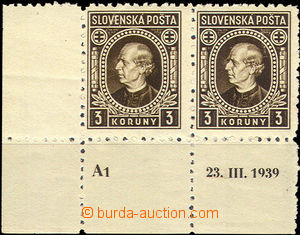 35330 - 1939 Alb.32B Hlinka 3 Koruna, L the bottom pair with plate m