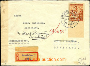 37309 - 1941 Reg letter to Denmark (!), franked with. simple (!) fra