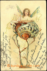 42261 - 1902 dívka s křídly vážky nad ulitou s plachetnicí, ba