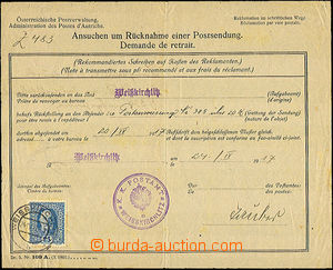 42908 - 1917 request um Rücknahme einer Postsendung - franked blank