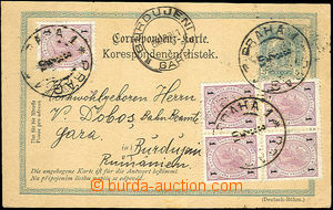 43088 - 1901 PC Mi.P142/F uprated by. to Rumania stamps 5x 1h, 3x CD