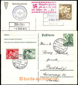 44010 - 1938 2ks propagandistických pohlednic s razítky z obsazen�