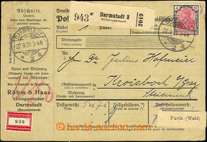 44659 - 1921 whole parcel card with Mi.3x 153, 149, CDS Darmstadt 22