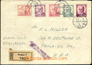 44733 - 1946 Reg letter to USA, franked by multicolor franking i.a. 
