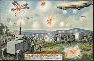 45084 - 1915 drawn color postcard, battle field with armoured car se