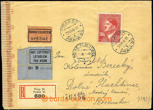 45298 - 1944 Reg, express and airmail letter sent from Prague to Slo
