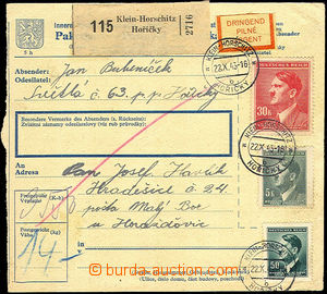 45595 - 1943 larger part of parcel card sent as Pilně i.a. franked 