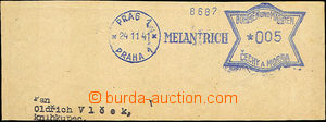 45605 - 1941 address cut square with blue meter stmp MELANTRICH Prag