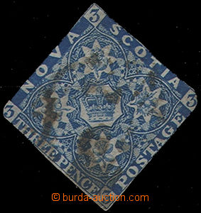 47979 - 1851 NEW SCOTIA Mi.2, blue 3P, ornamental postmark, signatur