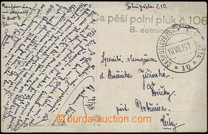 48108 - 1919 pohlednice s 2-řádkovým zeleným razítkem Čs. pě