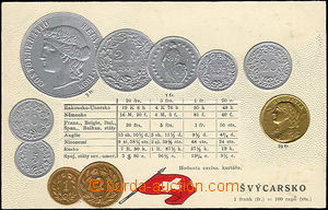 48498 - 1904? coins on postcards, Switzerland, lithography embossed,