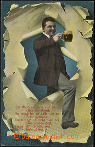 48893 - 1910 pijácký pozdrav, koláž protržený papír, muž s p