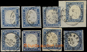 49120 - 1862 Mi.12a, blue, study assembly of 8 pieces of stamps, var