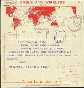 50763 - 1940 blanket telegramu s přítiskem mapy světadílů Cable