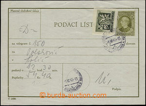 50813 - 1945 slovenský podací lístek CPL2 bez přetisku, dofr. zn