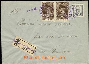 55338 - 1946 Reg letter with Pof.383 2x, 425, rubber hand stamp Medl