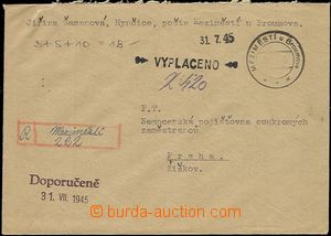 55340 - 1945 Reg letter franked 4,20CZK cash, rubber hand stamp Mezi