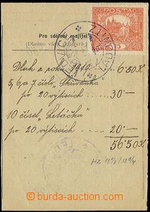 55510 - 1920 cut cheque order of Postal saving bank, with Hradčany 