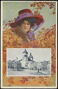 55669 - 1910 Havlíčkův Brod - secesní koláž, náměstí, dáma