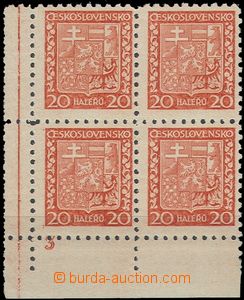 57158 - 1929 Pof.250 Coat of arms, lower corner blok of 4 with plate