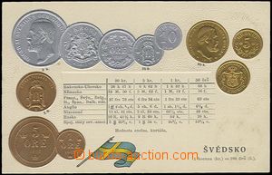 57849 - 1905 coins on postcards, Sweden, embossed, gilt; without imp