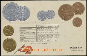 57850 - 1905 coins on postcards, Denmark, embossed, gilt; without im