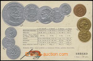 57851 - 1905 coins on postcards, Serbia, embossed, gilt; without imp