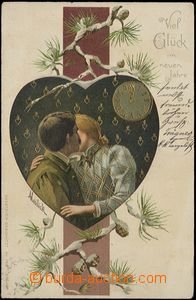 57887 - 1902 novoroční koláž, milenci; tlačená a zlacená, DA,