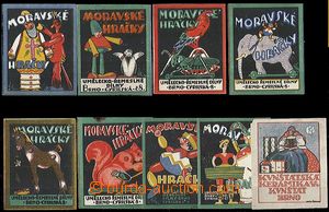 58631 - 1919 sestava 9ks propagačních nálepek Moravské hračky, 