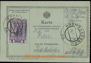 58773 - 1916 Telefonní karta vyfr. zn. 1K (Mi.153), DR Krems a.d. D