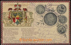 58821 - 1902 coins on postcards, Liechtenstein, emblem and text song