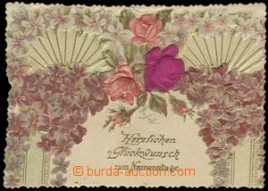 59676 - 1900 blahopřejný lístek s květy, tlačený, s ozdobným 