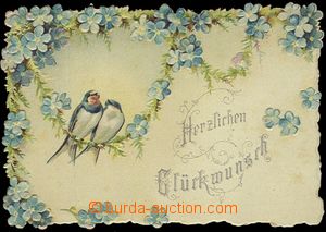 59677 - 1900 blahopřejný lístek s ptáčky a květy, tlačený, s