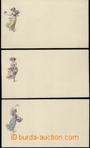 59679 - 1905 sestava 3ks blahopřejných kartiček s kresbami dam; n