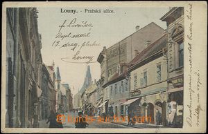61101 - 1906 Louny - Pražská ulice, obchody, lidé; prošlá, odř