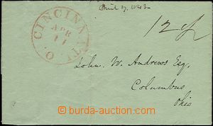 63526 - 1843 pre-philatelic letter, green (!) envelope, red CDS Cinc