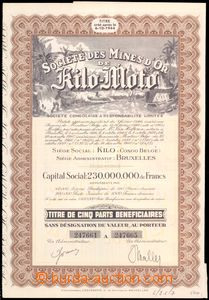 64544 - 1926 BELGIE  akcie Société des Mines d'Or de Kilo-Moto, oz