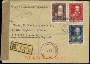 66298 - 1948 Reg letter to England, with Mi.880 + 882 + 884, censore