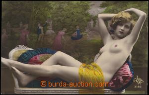 68151 - 1920 recumbent woman, colored, Made in France, mark SOL 3183