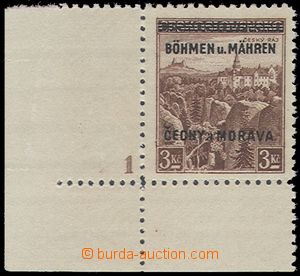 68649 - 1939 Pof.16, value 3CZK, corner piece with Pl 1, wide margin