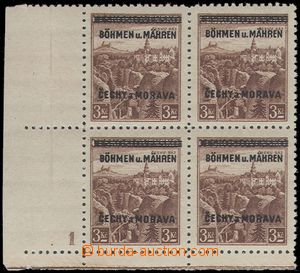 68650 - 1939 Pof.16, hodnota 3Kč, rohový 4-blok s DČ1, úzký okr