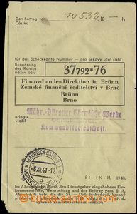 74614 - 1941 zúčtovací lístek k platbě na účet, vzadu vyfr. z