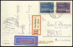 75240 - 1937 Reg and airmail postcard to Czechoslovakia, franked wit