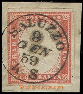 75453 - 1859 Mi.13d on cut-square with whole postmark SALUZZO 9/Gen 