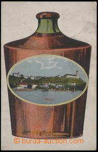 82300 - 1918 MĚLNÍK - stylizovaná koláž v oválu, láhev vína,