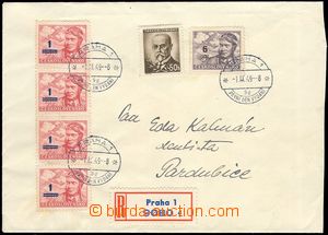82852 - 1949 Reg letter with Pof.L25 str-of-4, L27, postmark PRAGUE 