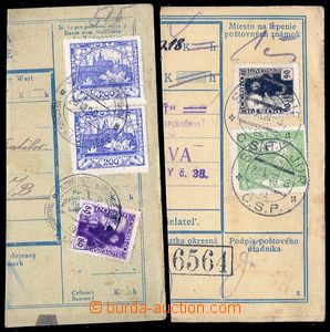 83018 - 1920 2x parcel dispatch card segment, mixed franking stamps 