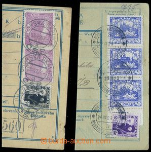 83019 - 1920 2x parcel dispatch card segment, mixed franking stamps 
