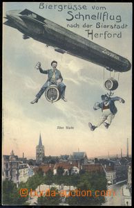 85940 - 1908 HERFORD - koláž, Zeppelin, pivní pozdrav, prošlá, 